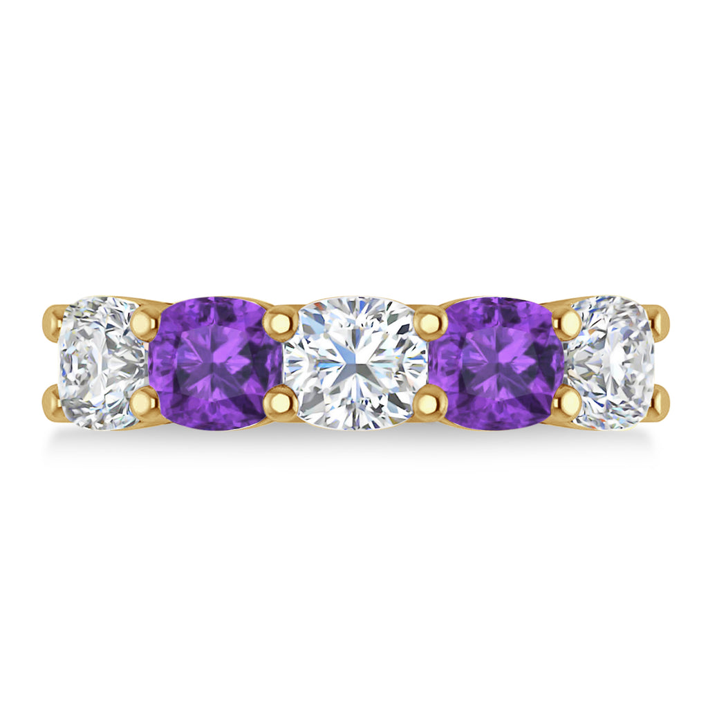 Cushion Diamond & Amethyst Five Stone Ring 14k Yellow Gold (4.05ct)