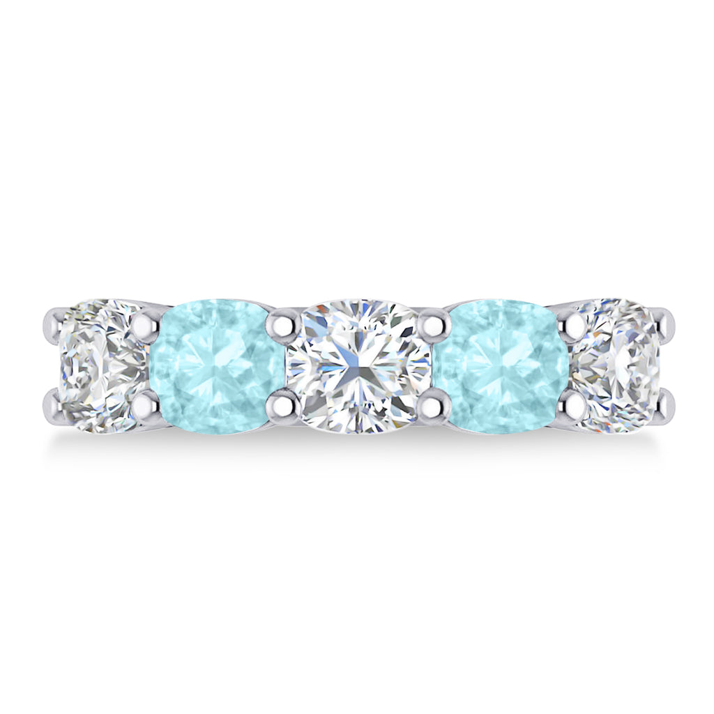 Cushion Diamond & Aquamarine Five Stone Ring 14k White Gold (4.05ct)
