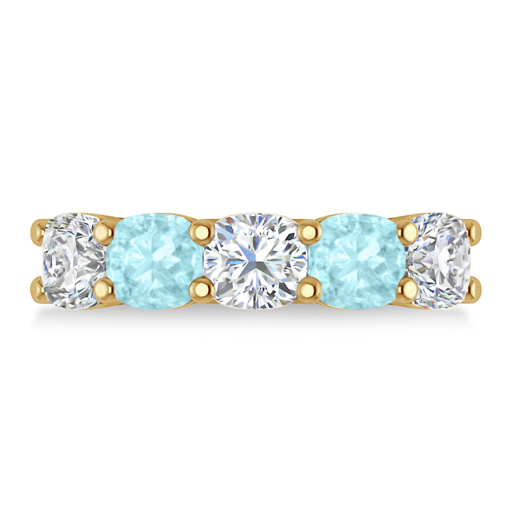 Cushion Diamond & Aquamarine Five Stone Ring 14k Yellow Gold (4.05ct)