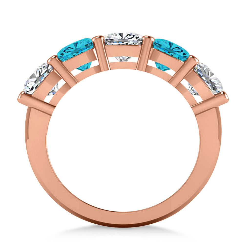 Cushion Blue & White Diamond Five Stone Ring 14k Rose Gold (3.75ct)