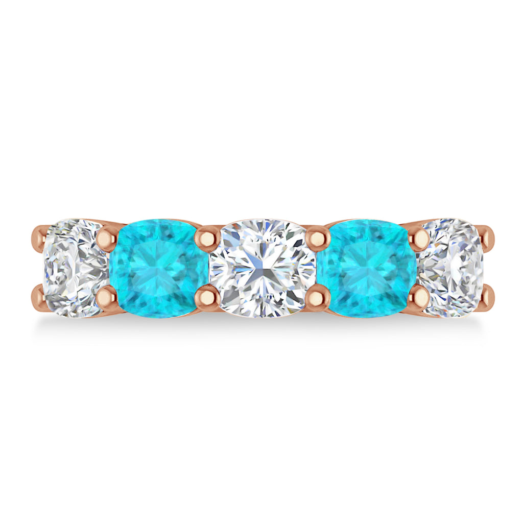 Cushion Blue & White Diamond Five Stone Ring 14k Rose Gold (3.75ct)