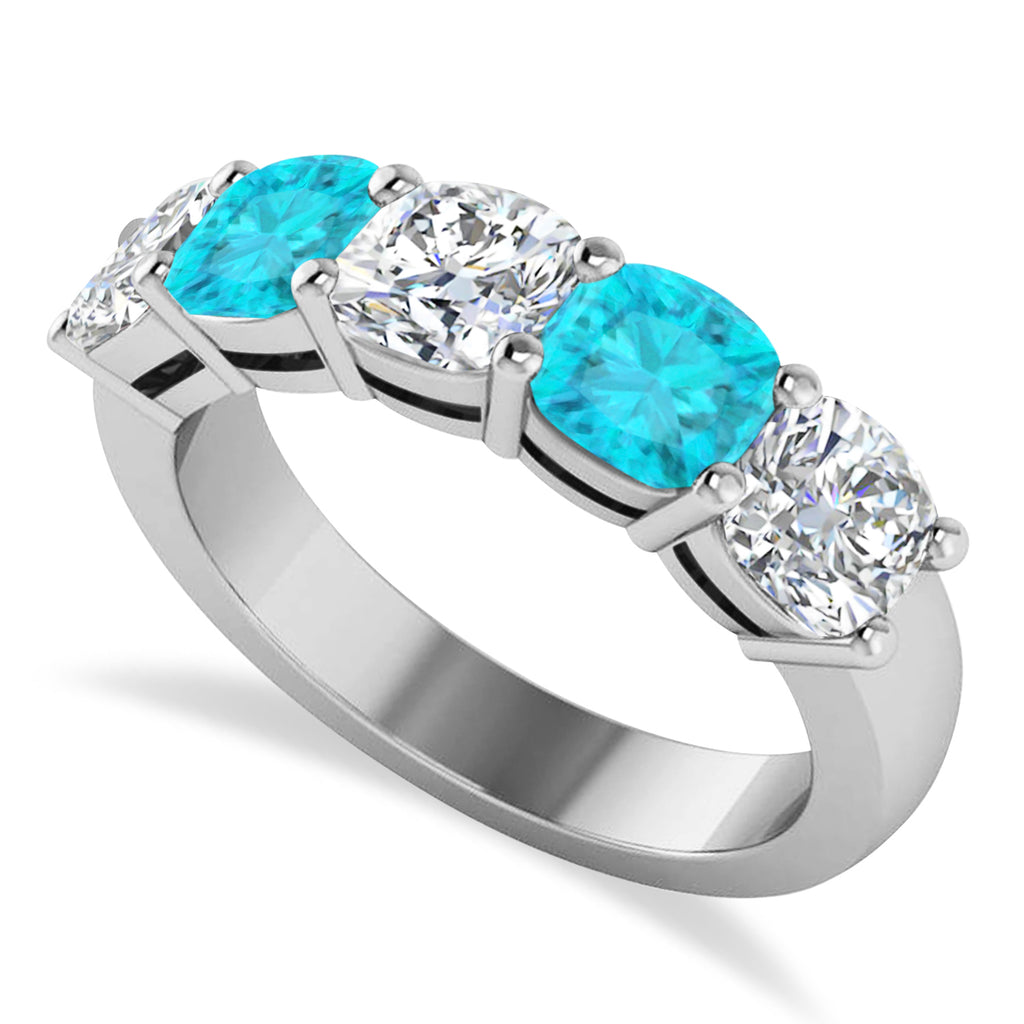Cushion Blue & White Diamond Five Stone Ring 14k White Gold (3.75ct)