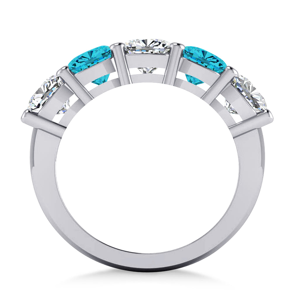 Cushion Blue & White Diamond Five Stone Ring 14k White Gold (3.75ct)
