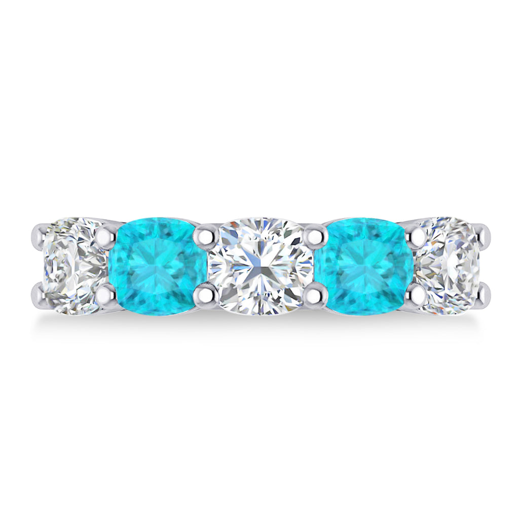 Cushion Blue & White Diamond Five Stone Ring 14k White Gold (3.75ct)
