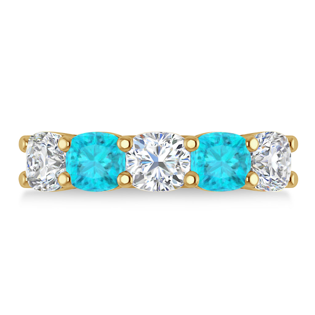 Cushion Blue & White Diamond Five Stone Ring 14k Yellow Gold (3.75ct)