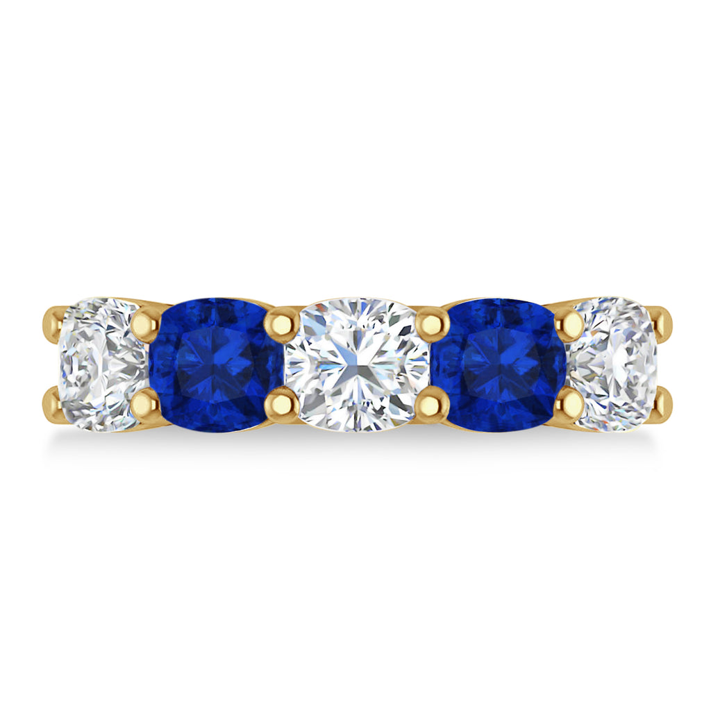 Cushion Diamond & Blue Sapphire Five Stone Ring 14k Yellow Gold (4.05ct)