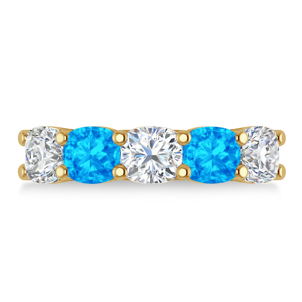 Cushion Diamond & Blue Topaz Five Stone Ring 14k Yellow Gold (4.05ct)