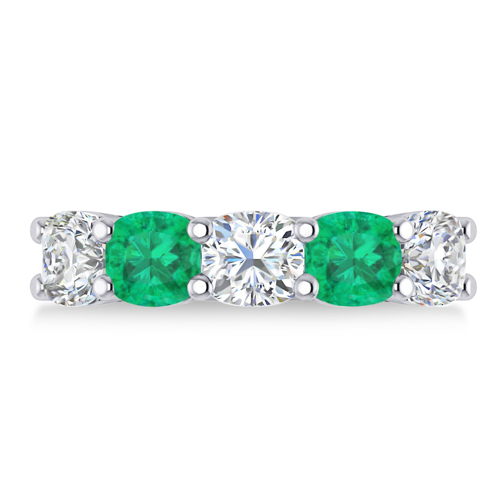 Cushion Diamond & Emerald Five Stone Ring 14k White Gold (4.05ct)