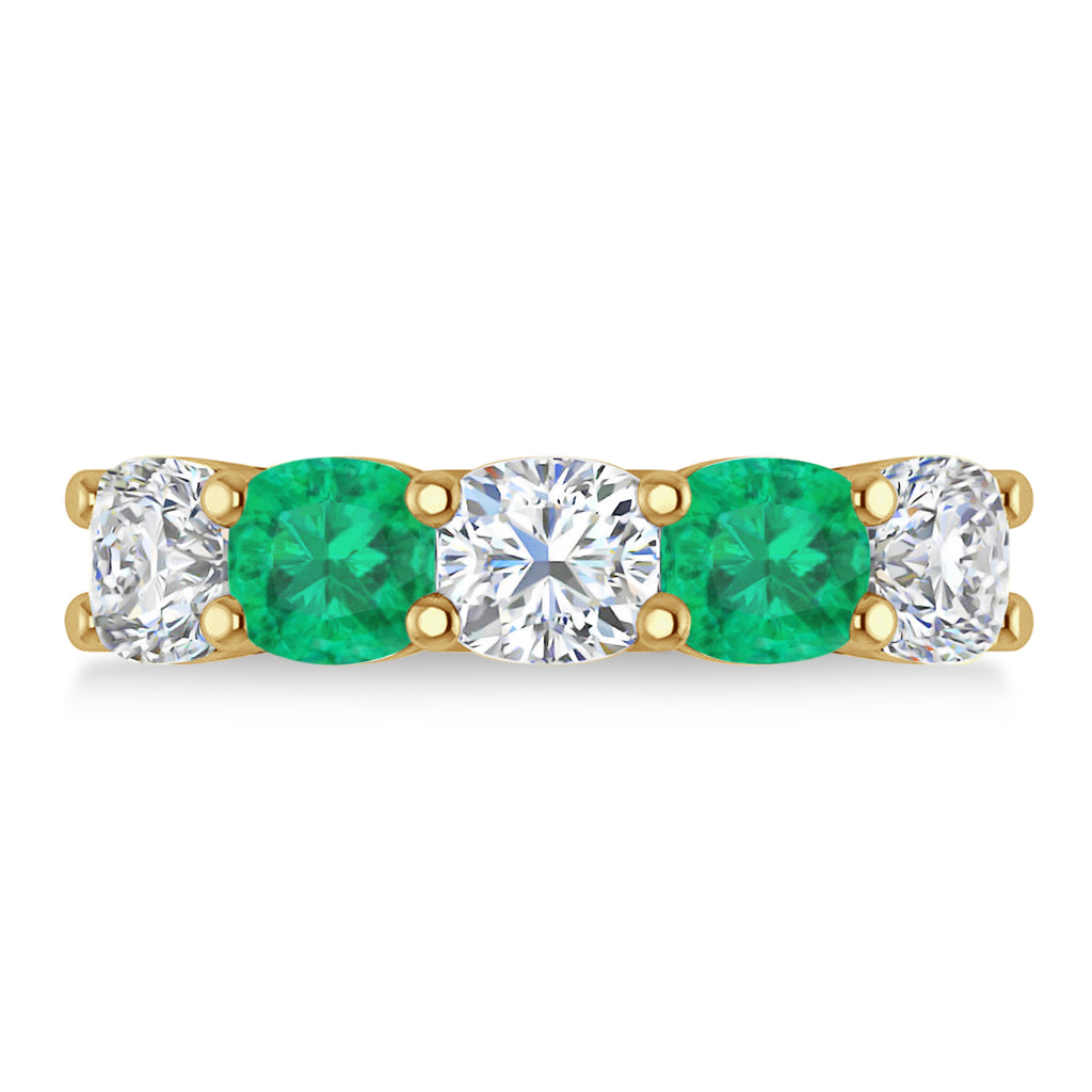 Cushion Diamond & Emerald Five Stone Ring 14k Yellow Gold (4.05ct)