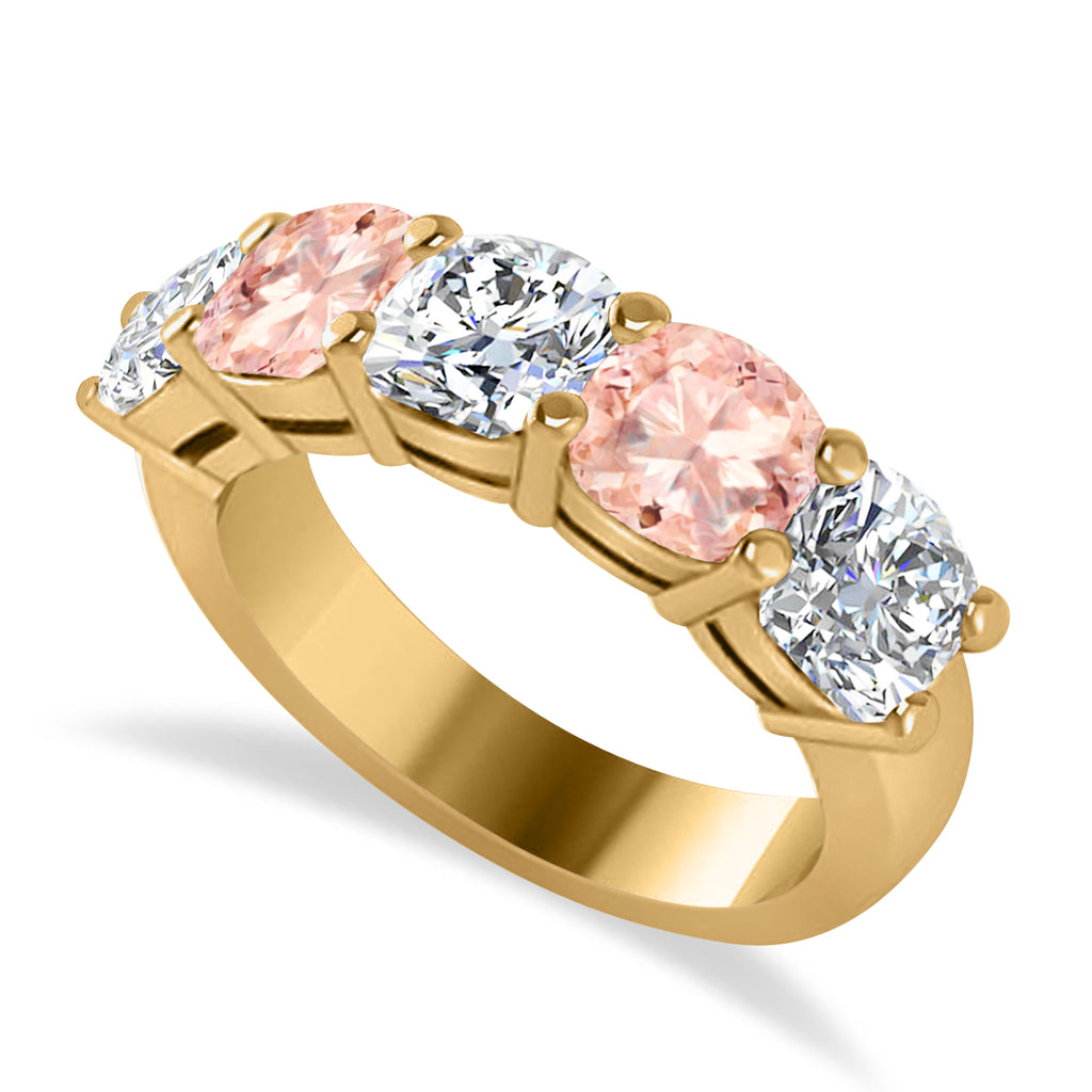 Cushion Diamond & Morganite Five Stone Ring 14k Yellow Gold (4.05ct)