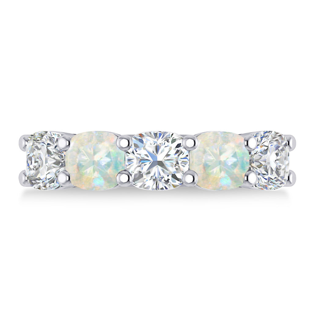 Cushion Diamond & Opal Five Stone Ring 14k White Gold (4.05ct)