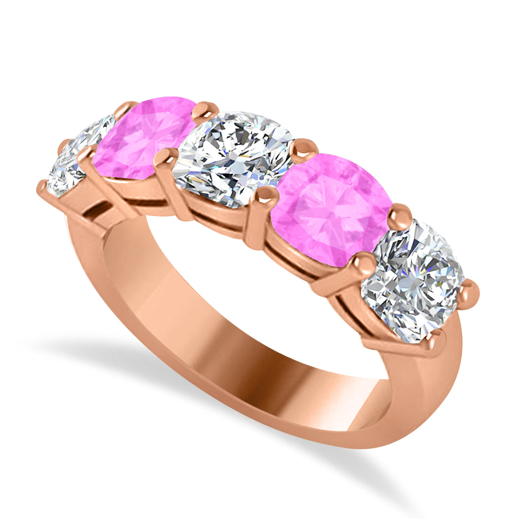 Cushion Diamond & Pink Sapphire Five Stone Ring 14k Rose Gold (4.05ct)