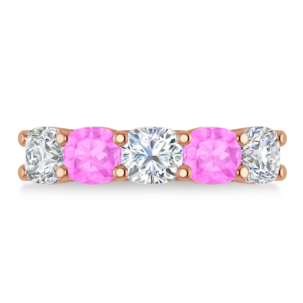 Cushion Diamond & Pink Sapphire Five Stone Ring 14k Rose Gold (4.05ct)