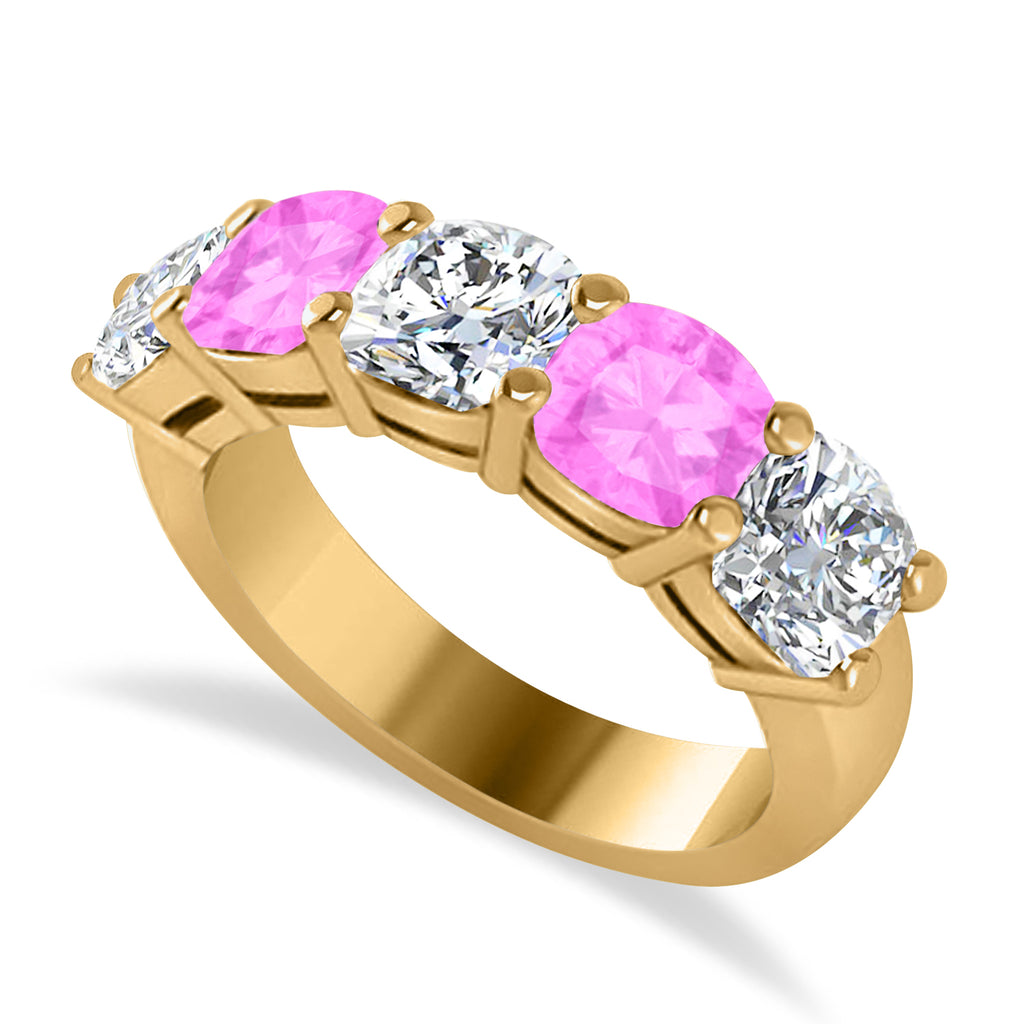 Cushion Diamond & Pink Sapphire Five Stone Ring 14k Yellow Gold (4.05ct)