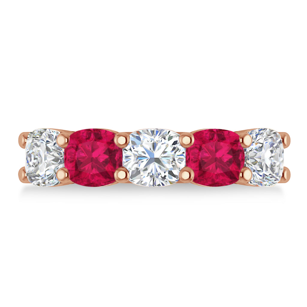 Cushion Diamond & Ruby Five Stone Ring 14k Rose Gold (4.05ct)