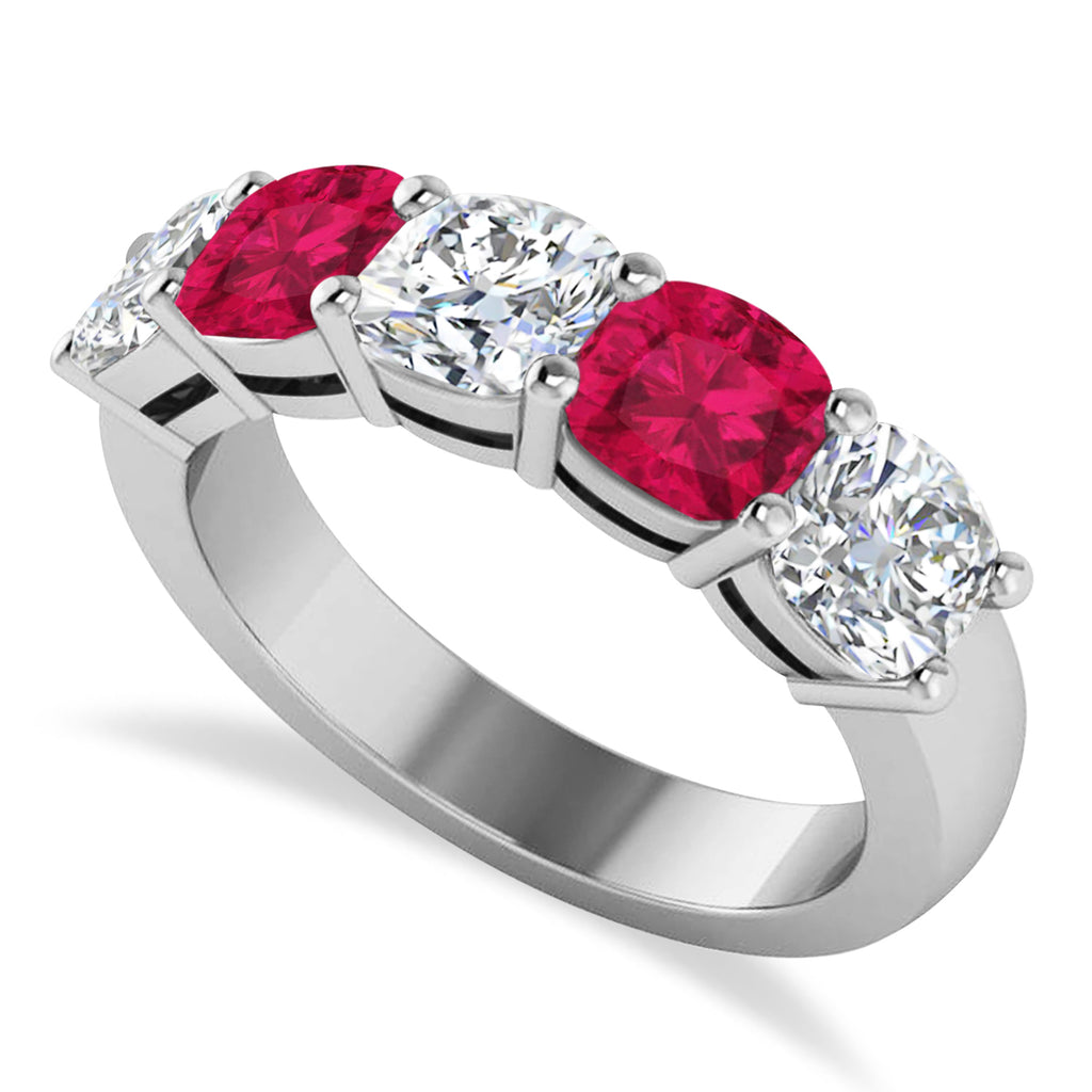 Cushion Diamond & Ruby Five Stone Ring 14k White Gold (4.05ct)