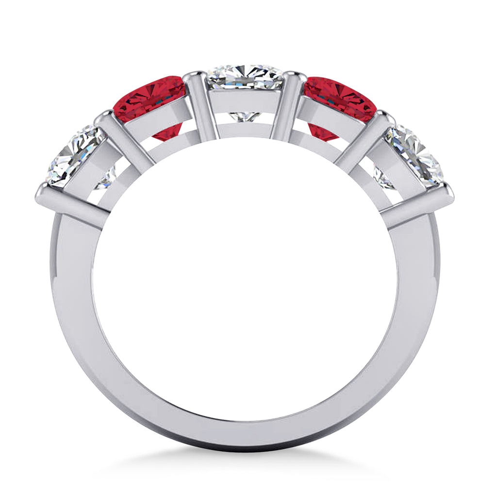 Cushion Diamond & Ruby Five Stone Ring 14k White Gold (4.05ct)