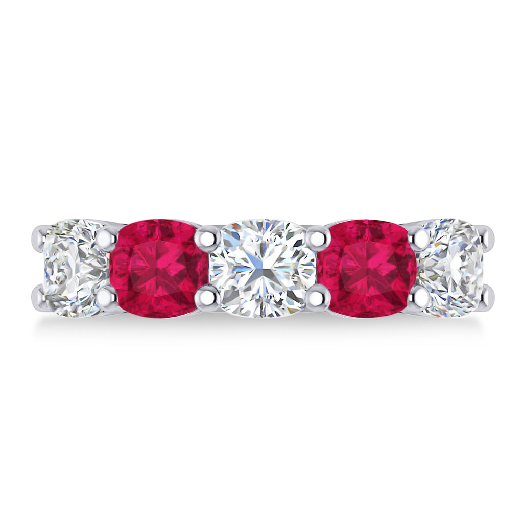 Cushion Diamond & Ruby Five Stone Ring 14k White Gold (4.05ct)