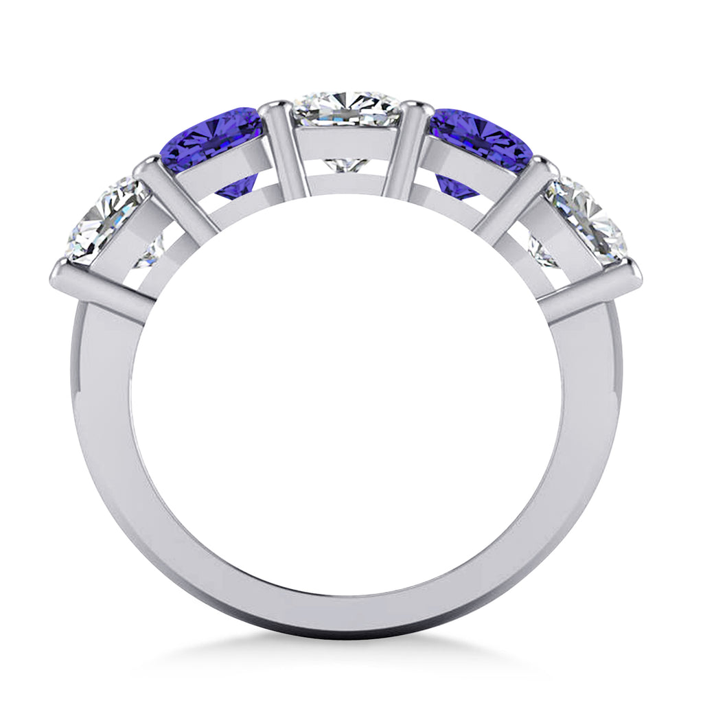 Cushion Diamond & Tanzanite Five Stone Ring 14k White Gold (4.05ct)