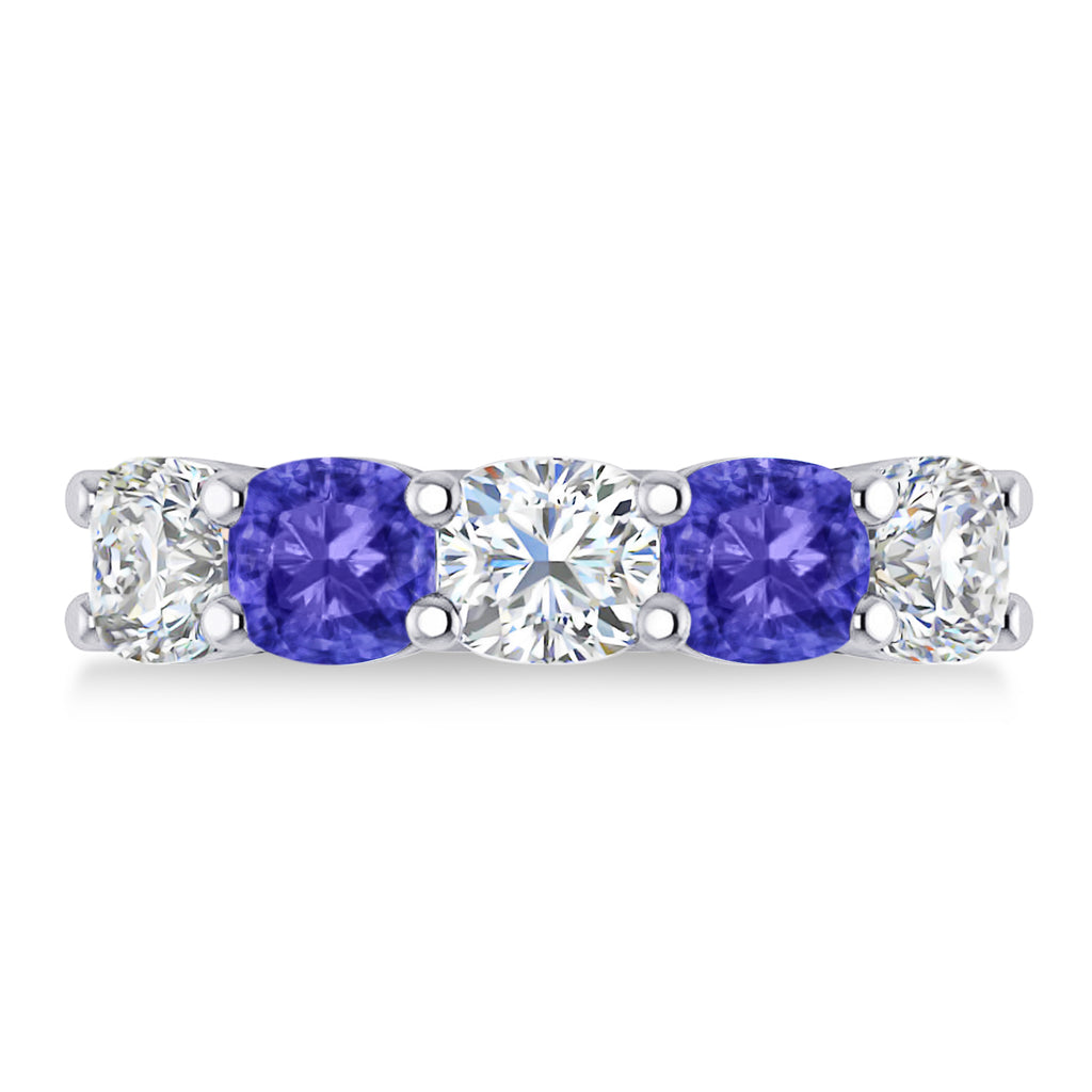 Cushion Diamond & Tanzanite Five Stone Ring 14k White Gold (4.05ct)