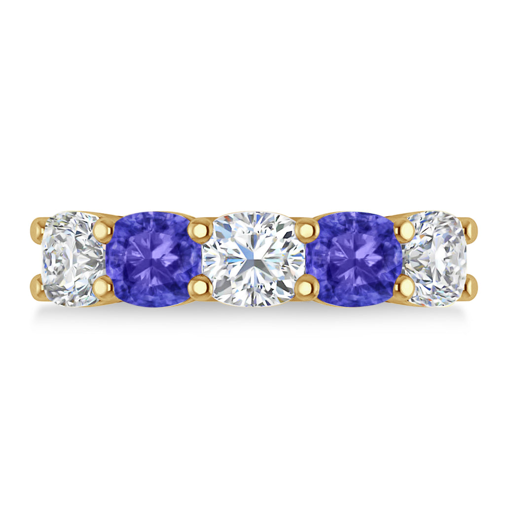 Cushion Diamond & Tanzanite Five Stone Ring 14k Yellow Gold (4.05ct)