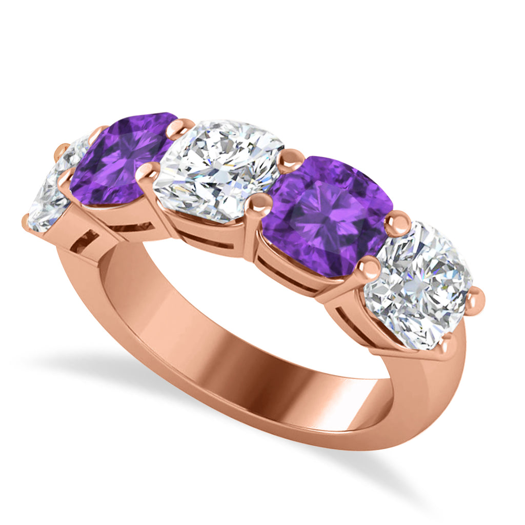 Cushion Diamond & Amethyst Five Stone Ring 14k Rose Gold (5.20ct)
