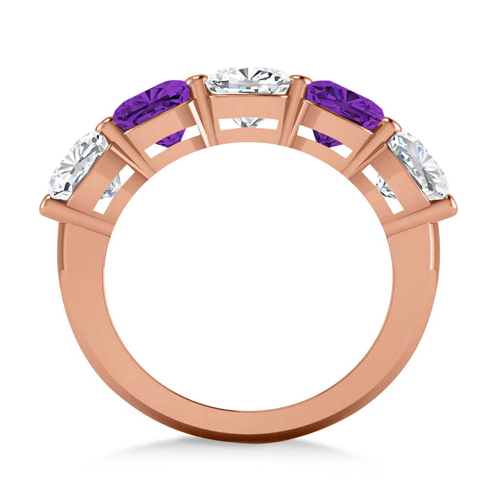 Cushion Diamond & Amethyst Five Stone Ring 14k Rose Gold (5.20ct)