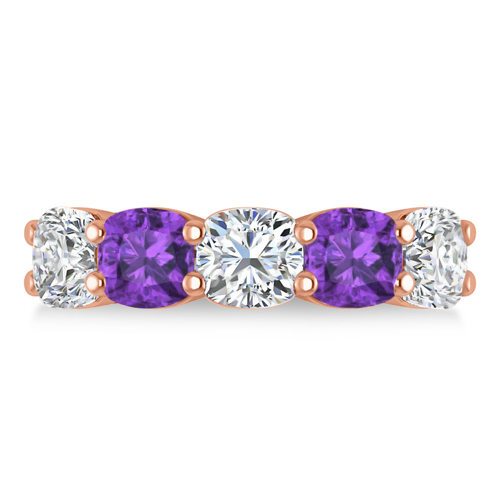 Cushion Diamond & Amethyst Five Stone Ring 14k Rose Gold (5.20ct)