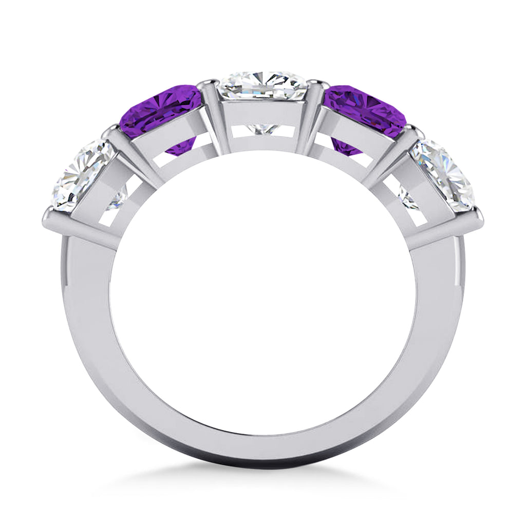 Cushion Diamond & Amethyst Five Stone Ring 14k White Gold (5.20ct)