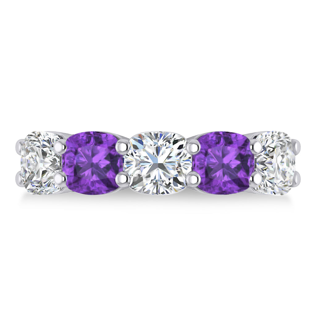 Cushion Diamond & Amethyst Five Stone Ring 14k White Gold (5.20ct)