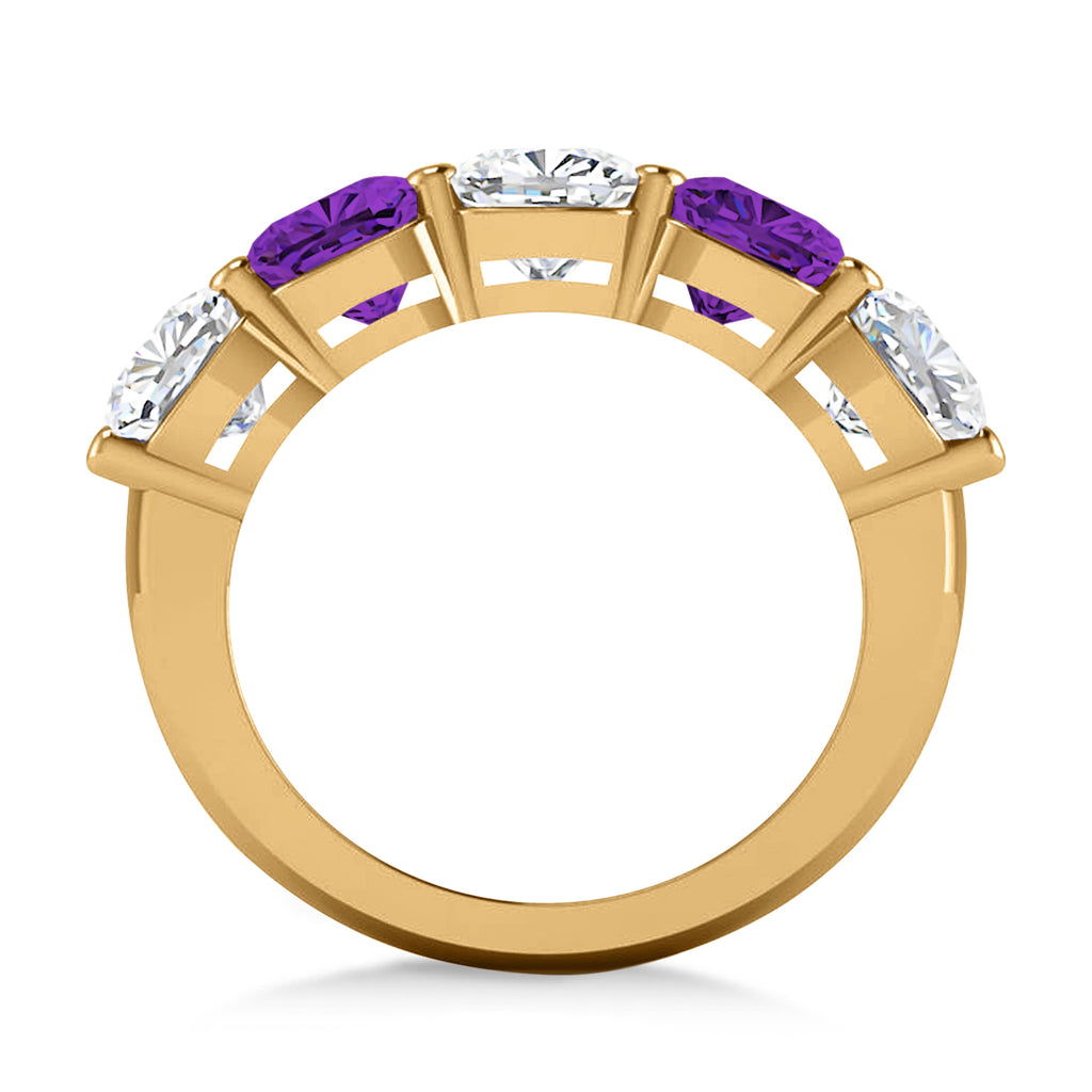 Cushion Diamond & Amethyst Five Stone Ring 14k Yellow Gold (5.20ct)