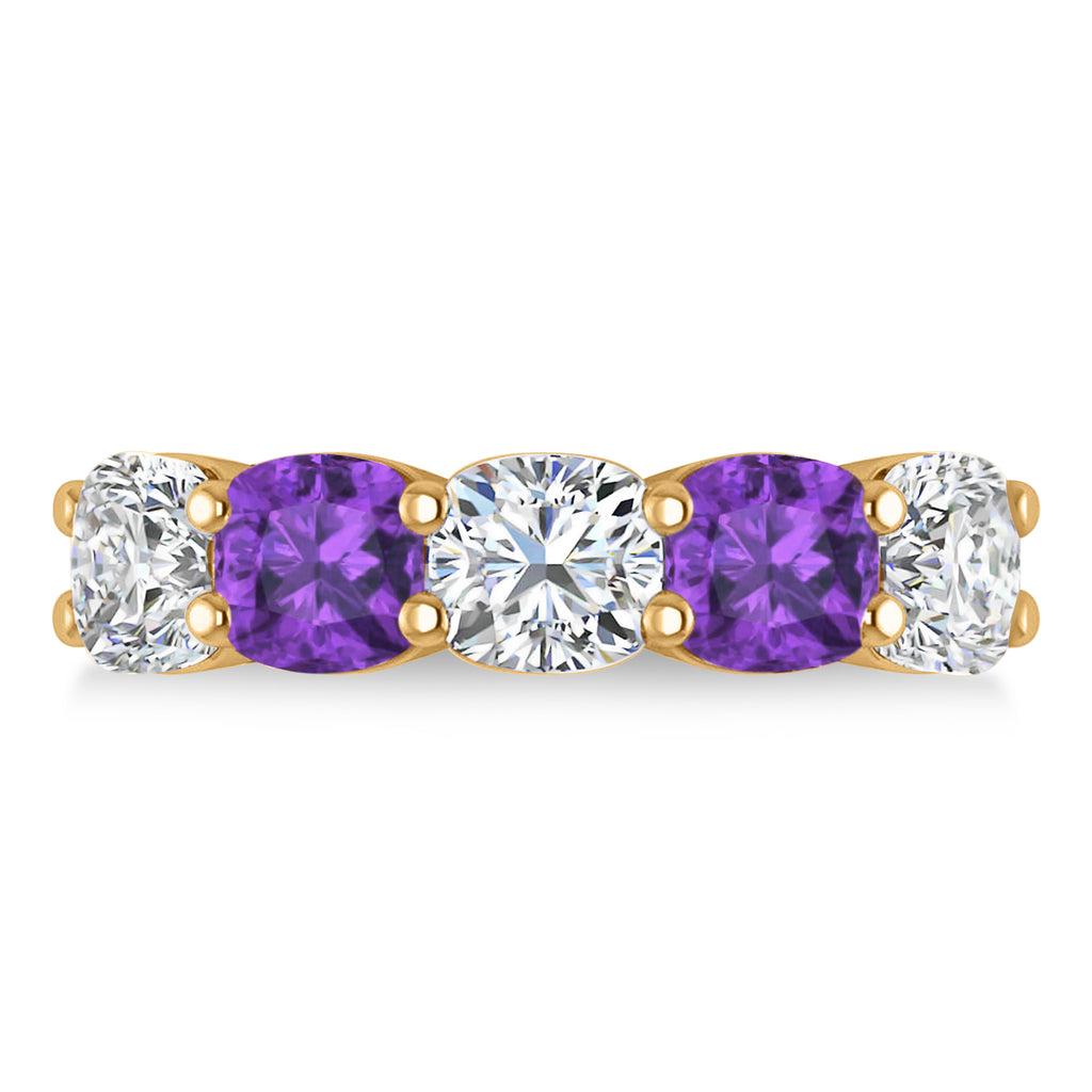 Cushion Diamond & Amethyst Five Stone Ring 14k Yellow Gold (5.20ct)