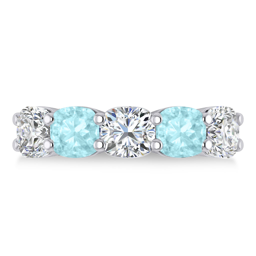 Cushion Diamond & Aquamarine Five Stone Ring 14k White Gold (5.20ct)