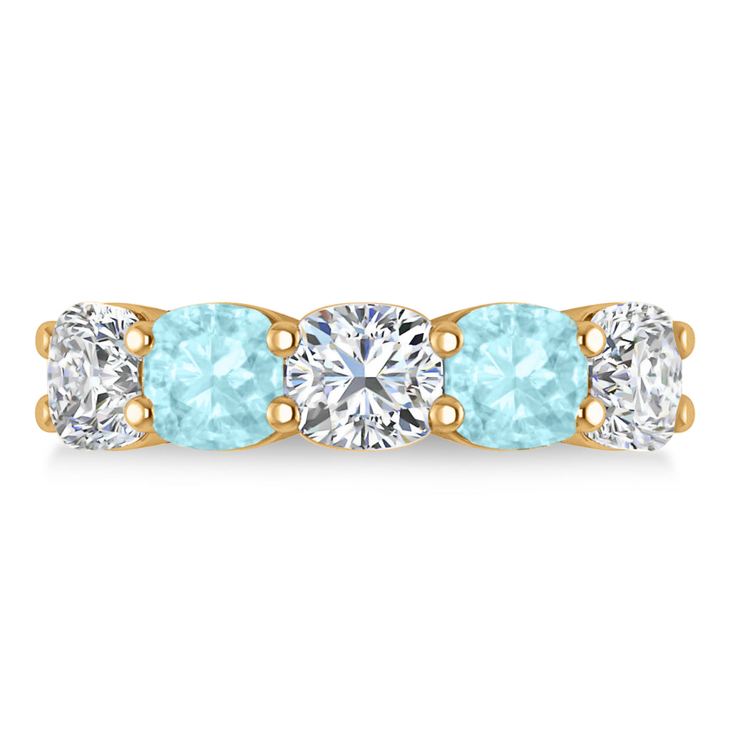 Cushion Diamond & Aquamarine Five Stone Ring 14k Yellow Gold (5.20ct)