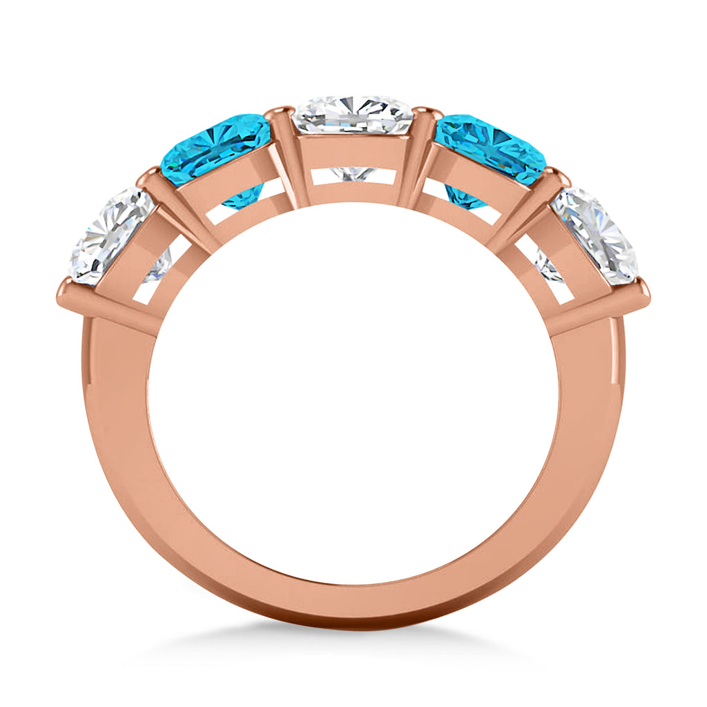 Cushion Blue & White Diamond Five Stone Ring 14k Rose Gold (5.00ct)
