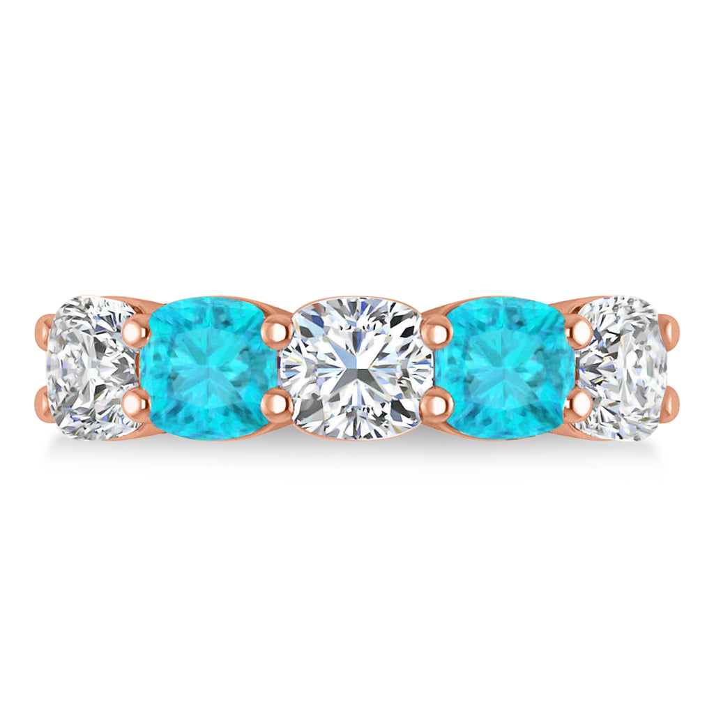 Cushion Blue & White Diamond Five Stone Ring 14k Rose Gold (5.00ct)