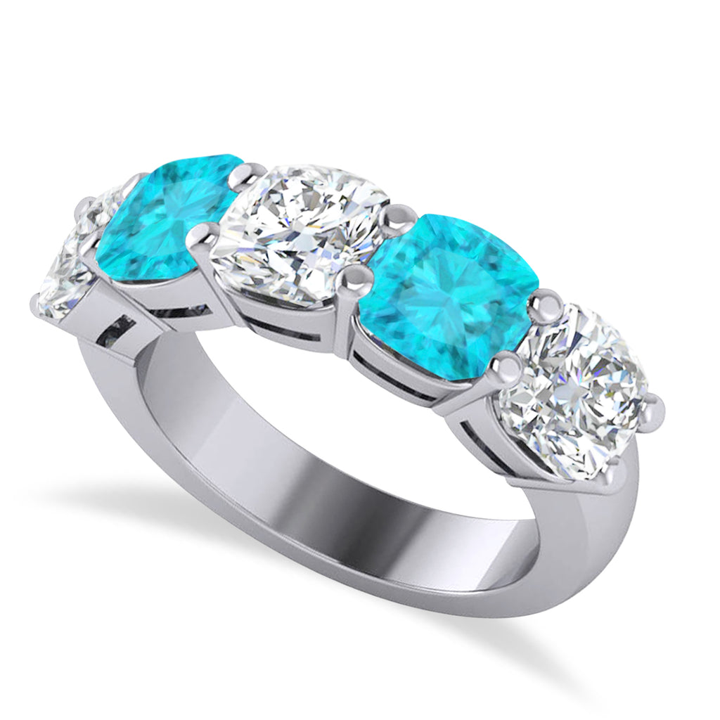 Cushion Blue & White Diamond Five Stone Ring 14k White Gold (5.00ct)