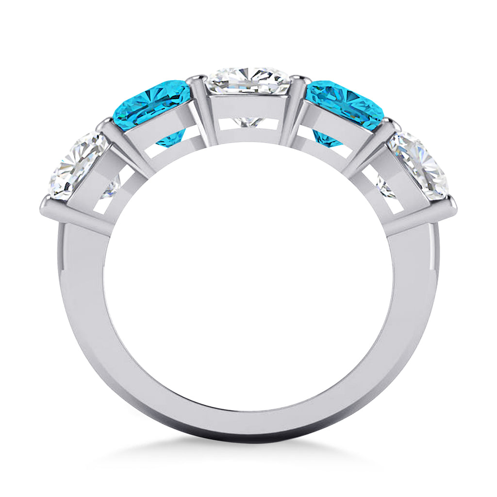 Cushion Blue & White Diamond Five Stone Ring 14k White Gold (5.00ct)