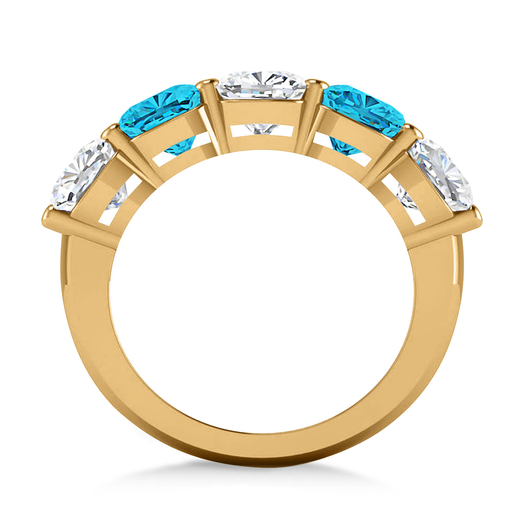 Cushion Blue & White Diamond Five Stone Ring 14k Yellow Gold (5.00ct)