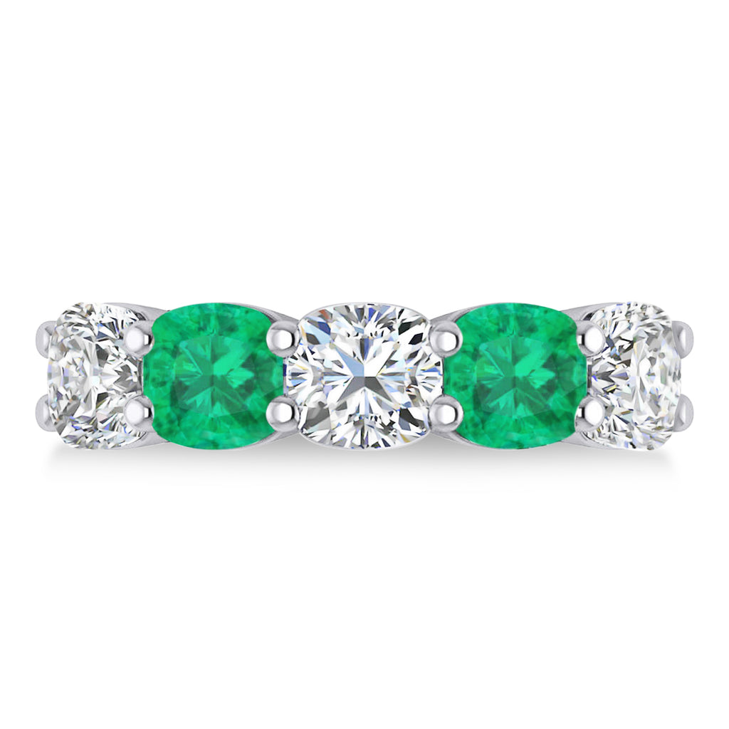 Cushion Diamond & Emerald Five Stone Ring 14k White Gold (5.20ct)