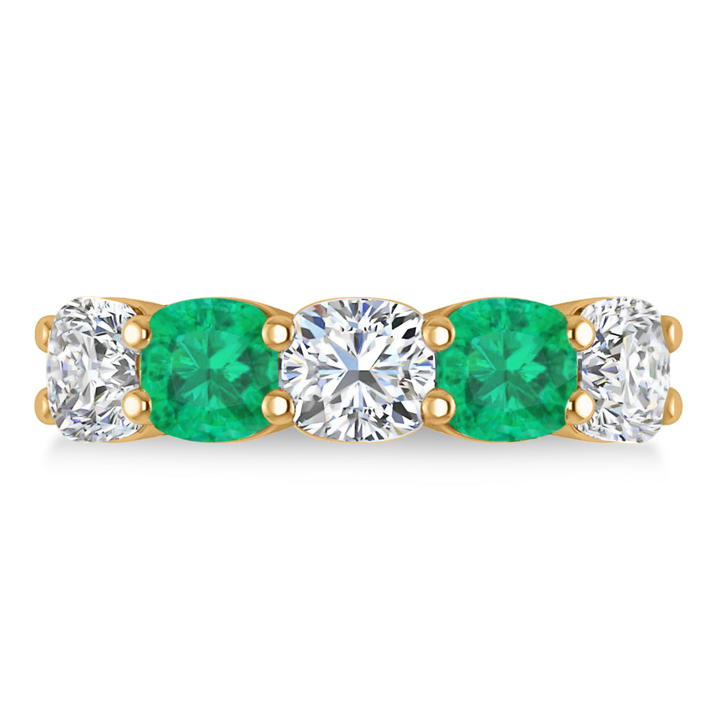Cushion Diamond & Emerald Five Stone Ring 14k Yellow Gold (5.20ct)