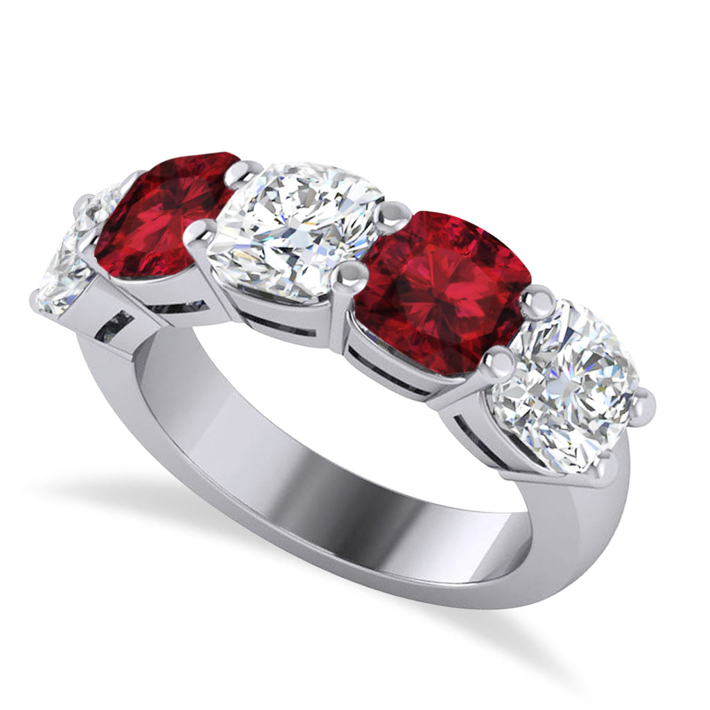 Cushion Diamond & Garnet Five Stone Ring 14k White Gold (5.20ct)