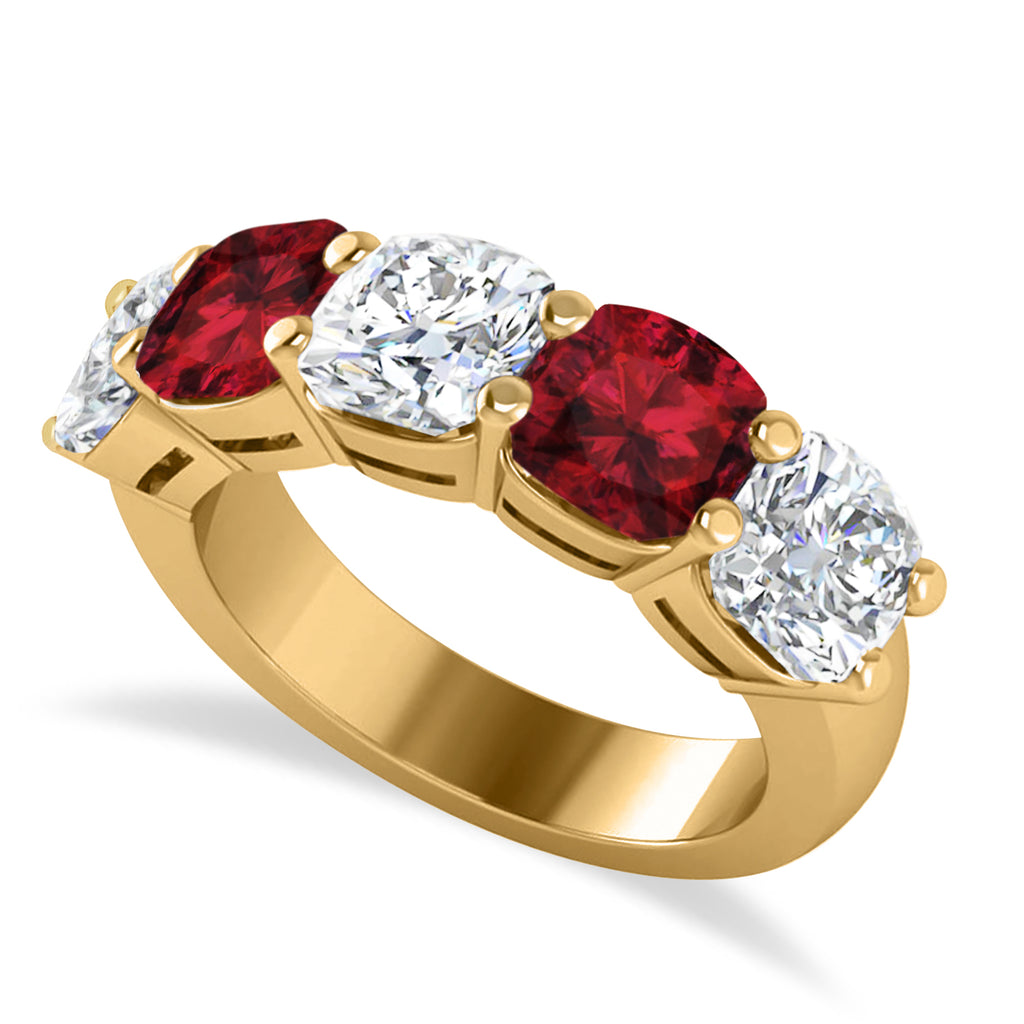 Cushion Diamond & Garnet Five Stone Ring 14k Yellow Gold (5.20ct)