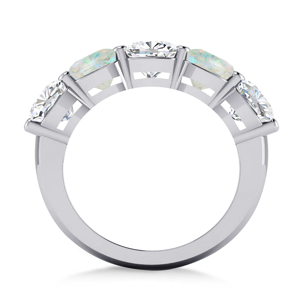 Cushion Diamond & Opal Five Stone Ring 14k White Gold (5.20ct)