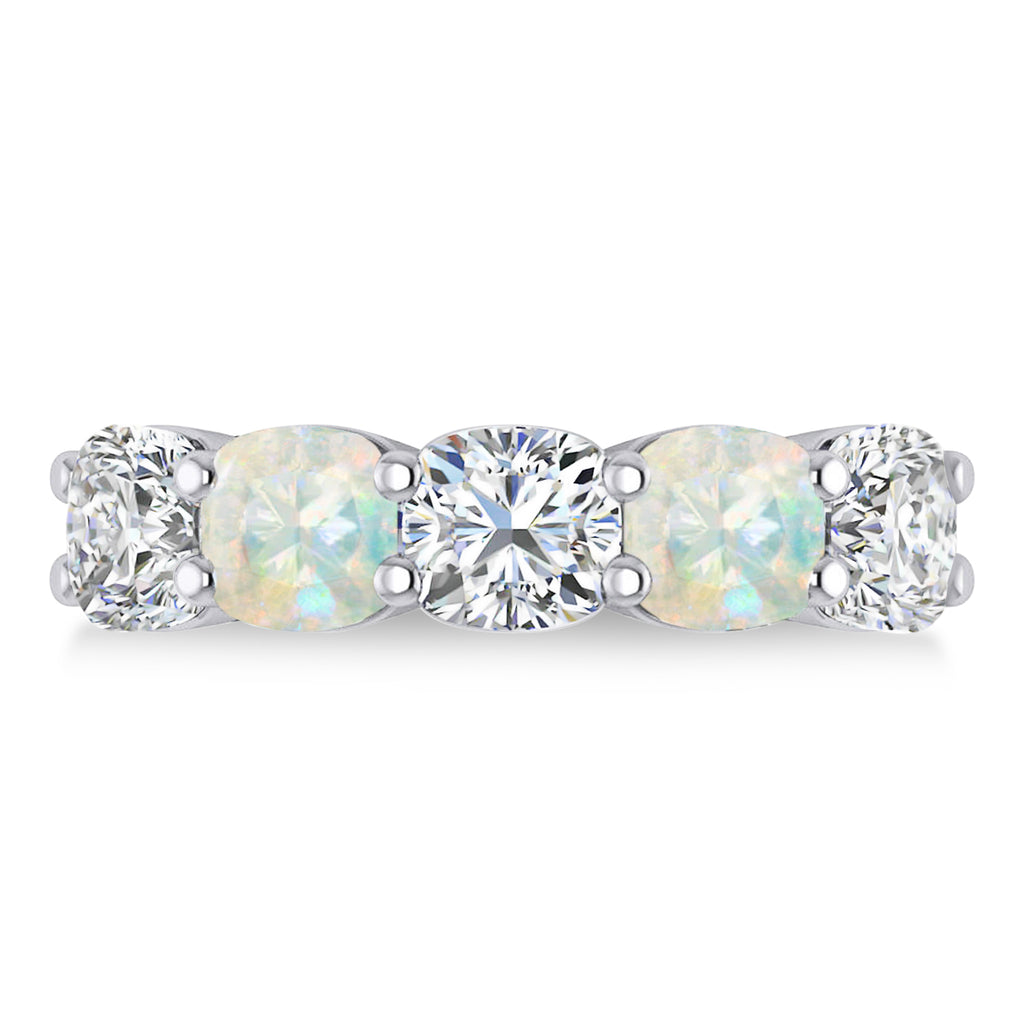 Cushion Diamond & Opal Five Stone Ring 14k White Gold (5.20ct)