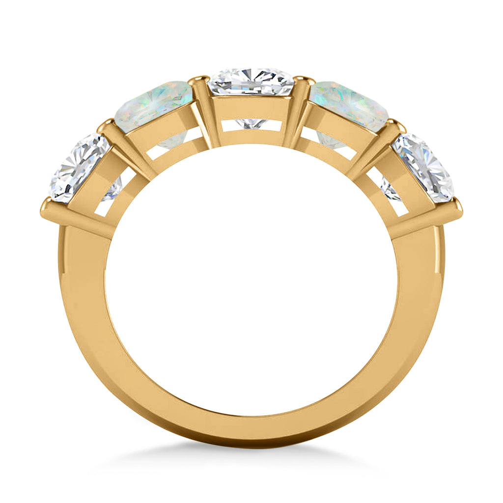 Cushion Diamond & Opal Five Stone Ring 14k Yellow Gold (5.20ct)