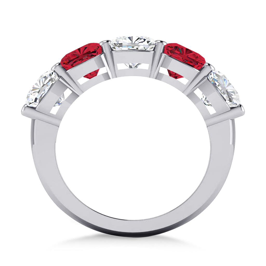 Cushion Diamond & Ruby Five Stone Ring 14k White Gold (5.20ct)