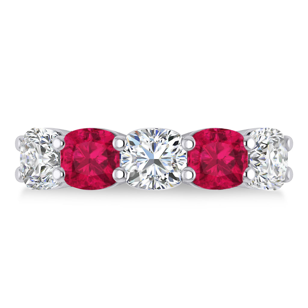 Cushion Diamond & Ruby Five Stone Ring 14k White Gold (5.20ct)