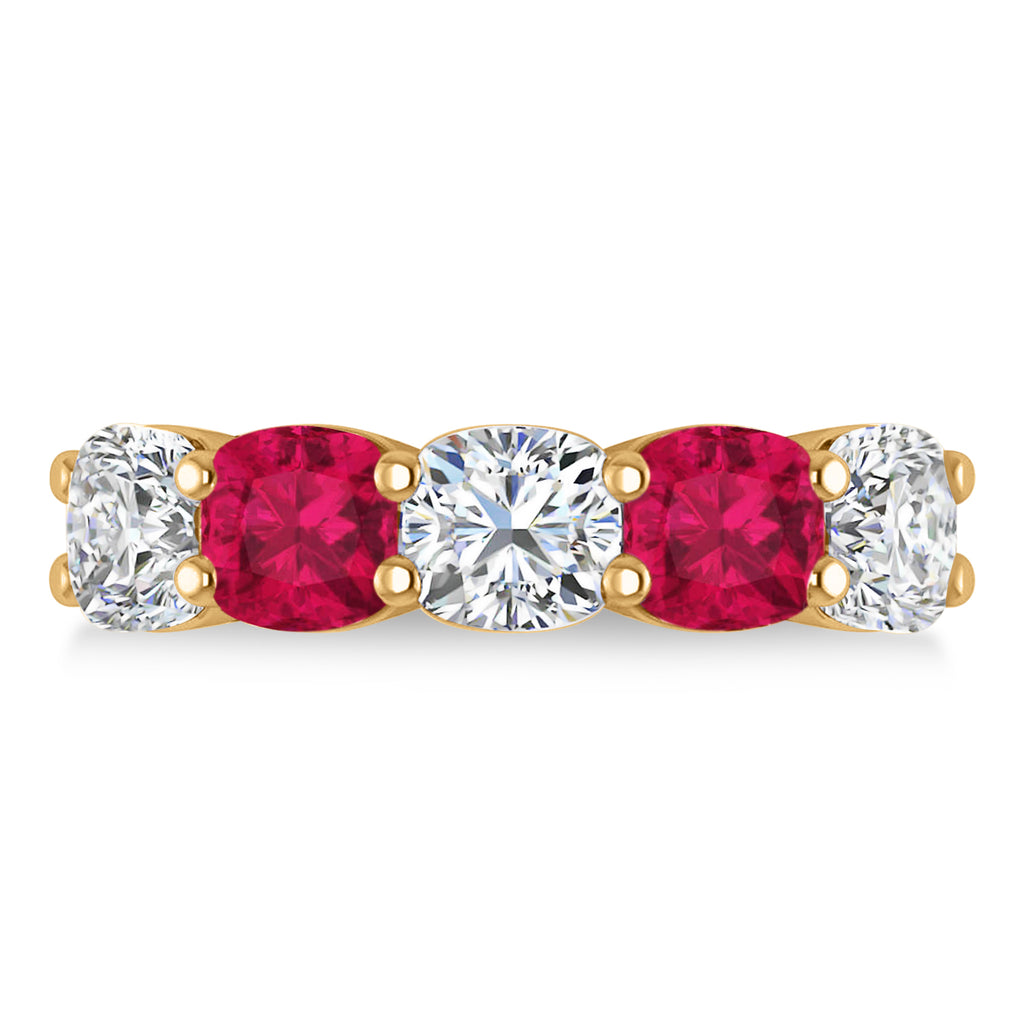Cushion Diamond & Ruby Five Stone Ring 14k Yellow Gold (5.20ct)