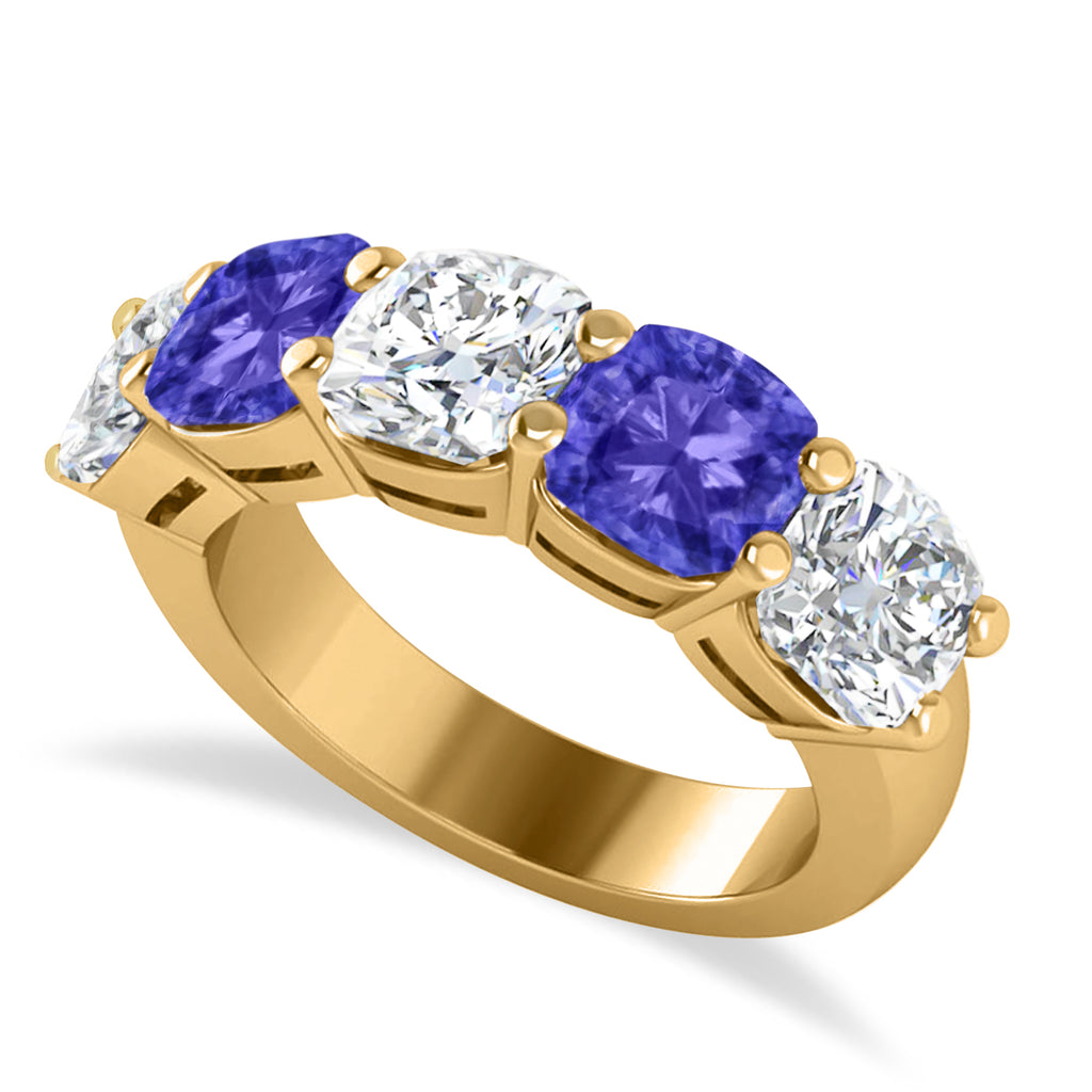 Cushion Diamond & Tanzanite Five Stone Ring 14k Yellow Gold (5.20ct)